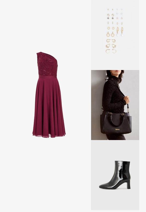 Bordeauxkjole med en skulderdesign, pyntet blondeoverdel og flydende nederdel lavet af letvægtsstof.; Sort lakeret ankelstøvle med spids tå og en midt-højde blokhæl. Glat tekstur og minimalistisk design.; Sort håndtaske med struktureret overflade, dobbelt topbærere og justerbar skulderrem. Udstyret med guldfarvet metalhardware og sidelommer.; Sæt af guldfarvede øreringe med forskellige designs, herunder studs, hoops og hængende modeller med perler og rhinsten.