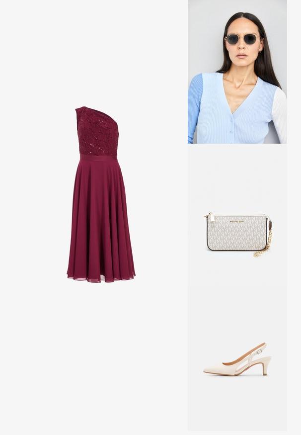 Il vestito bordeaux presenta un design a spalla unica, un bustier in pizzo ricamato e una gonna fluida realizzata in tessuto leggero.; Slingback bianco con punta affusolata, materiale superiore liscio, tacco basso a blocco e design con ritagli laterali, dotato di cinturino regolabile con fibbia.; Occhiali da sole rotondi con lenti scure e montatura dorata. Il modello indossa un cardigan leggero azzurro a costine con bottoni e maniche bianche a contrasto.; Wristlet Michael Kors in tela rivestita beige con motivo a logo MK ripetuto, hardware dorato e tracolla a catena staccabile.