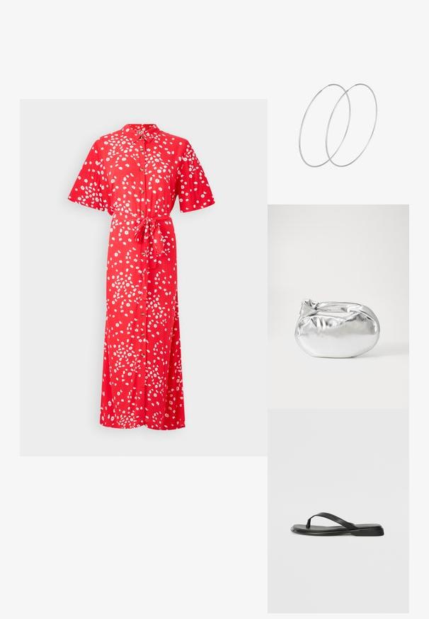 Roxy ISLAND ESCAPE - Blusenkleid - poppy red; Schwarze Flip-Flops aus glattem Leder, mit einem dünnen Riemendesign und einer flachen Sohle mit minimalem Profil. Keine bemerkenswerten Muster oder Akzente.; Silberne metallic Pouch-Tasche mit einer sanften, abgerundeten Form und einem geknoteten Verschluss oben. Hergestellt aus glattem Kunstleder.; Silberne Creolen mit minimalistischem Design. Rundform, glatte Oberfläche und dünnes Profil. Leichtgewichtig mit hochglänzender Oberfläche.