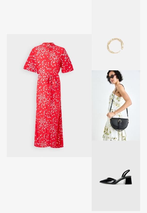 Roxy ISLAND ESCAPE - Blusenkleid - poppy red; Schwarze Lackleder-Slingback-High Heels mit spitzem Schuh und einem geometrischen Blockabsatz. Verfügt über ein schlankes, minimalistisches Design und eine glatte Textur.; Schwarze Lederhandtasche mit geschwungener Form, abnehmbarem Tragegurt und goldenen Beschlägen. Die Tasche verfügt über einen Deckel mit einer Schnallen-Details.; Goldfarbener Ring mit einem organischen, gedrehten Design, glatter Oberfläche und sich verjüngenden Enden, was ein modernes, skulpturales Erscheinungsbild erzeugt.