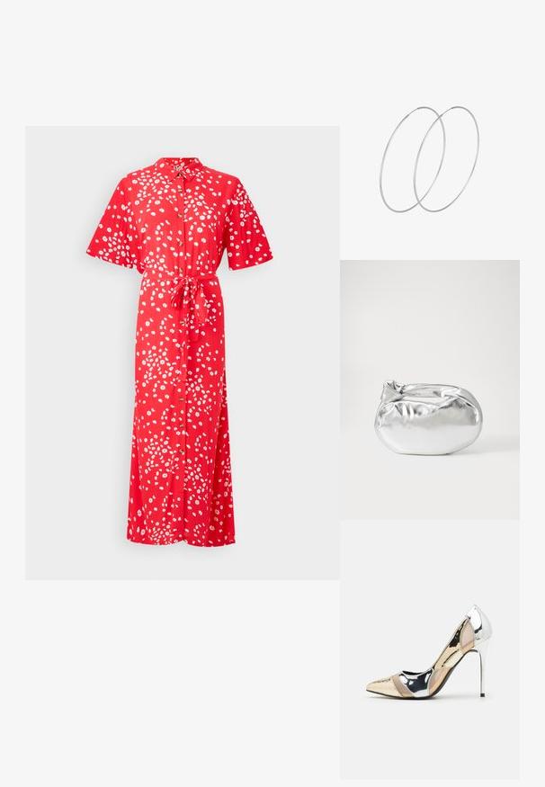 Roxy ISLAND ESCAPE - Kreklkleita - poppy red; Apspīlēta augstpapēžu kurpe ar zeltītu, sudrabi un neitrālu krāsu kombināciju. Spīguļojoša virsma ar izgriezuma dizainu, aprīkota ar stiletto papēdi.; Sudraba metāliska poga somiņa ar mīkstu, noapaļotu formu un mezgla augšējo aizdari. Izgatavota no gludas mākslīgās ādas materiāla.; Sudraba gredzenveida auskari ar minimālistisku dizainu. Cirkulāra forma, gluda tekstūra un plāns profils. Vieglu svaru ar spīdīgu apdari.