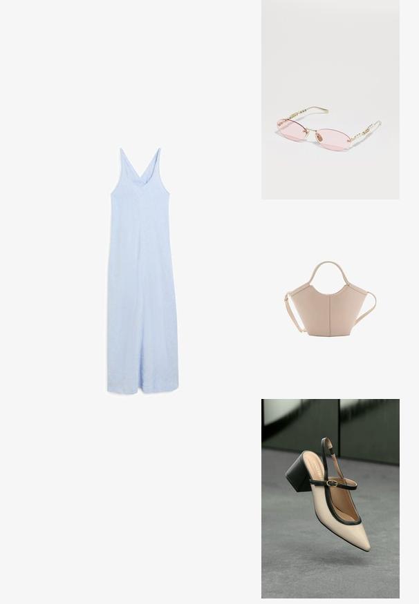Lys blå, ærmeløs jumpsuit med v-udskæring, der har en afslappet pasform og et glat, let struktureret stof.; Beige spids tå slingback sko med sort kant, guld spænde og en chunky blokhæl på grå gulv med mørkegrøn baggrund.; Gucci Solbriller - gold-coloured/pink; Lysebrun læderhåndtaske med en unik form, featuring to korte håndtag og et langt justerbart rem. Glat tekstur med minimal hardware.