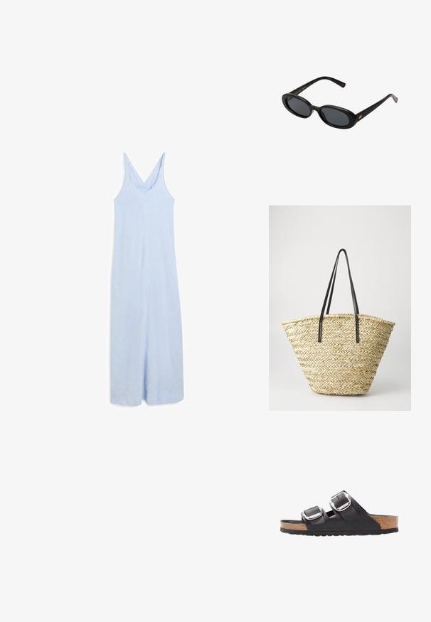 Light blue sleeveless jumpsuit with a v-neckline, featuring a relaxed fit and a smooth, slightly textured fabric.; Black sandal with two adjustable straps, silver buckles, and a cork footbed on a textured black rubber sole.; Black oversized sunglasses with oval lenses, smooth plastic frame, and gold accents on temple. Dark lenses provide sun protection.; Woven straw tote bag with a wide, tapered shape, featuring two black leather handles. Natural beige color with a textured surface.