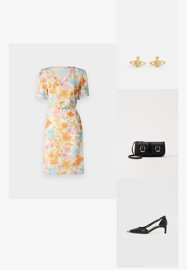 Robe à manches courtes avec un motif floral dans des teintes pastel de rose, orange et bleu, avec un décolleté en V et une taille ceinturée.; Escarpin en cuir noir à petit talon en forme de kit avec embout pointu argenté et doubles sangles à boucle sur fond blanc.; Sac en cuir noir porté en travers avec deux poches avant, boucles dorées, fermeture zippée et une sangle fine. Surface texturée et forme rectangulaire compacte.; Vivienne Westwood MINI BAS RELIEF EARRINGS - Boucles d'oreilles - gold-coloured