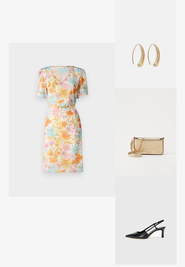 Short-sleeved dress featuring a floral pattern in pastel hues of pink, orange, and blue, with a V-neck and a belted waist detail.; Black patent slingback heel with a pointed toe, featuring textured snake print, adjustable strap, and a short, textured block heel.; Metallic gold leather clutch with a textured finish, featuring a gold chain strap and a removable shoulder strap. Brand logo embossed.; Gold-tone metal hoop earrings with a curved, elongated shape. Features a smooth, shiny surface and a rounded tip for added detail.