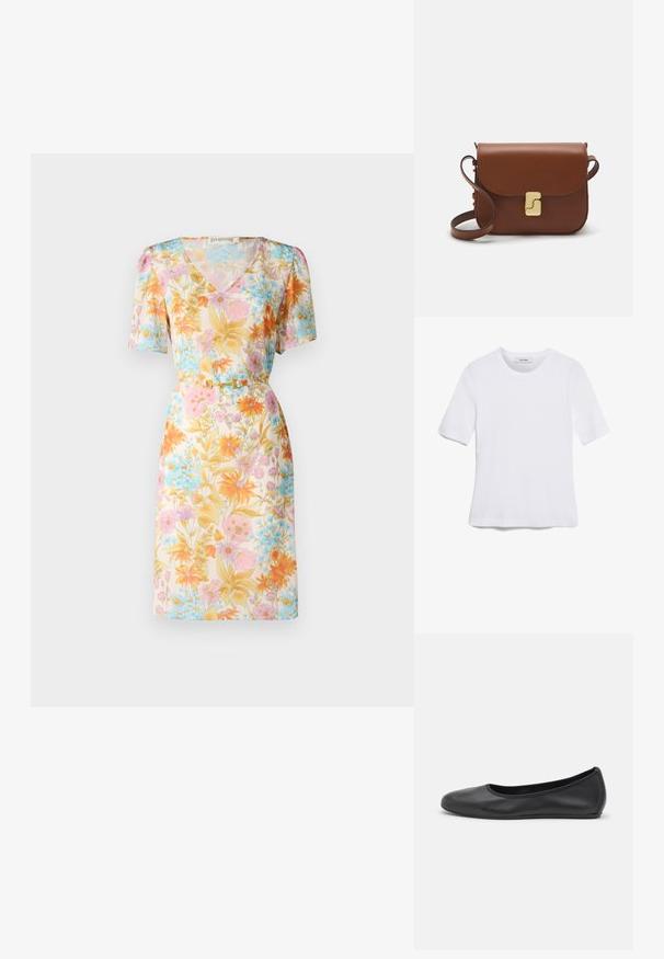 Lühikeste varrukatega kleit, millel on lilleline muster pastelltoonides roosas, oranžides ja sinistes, V-kaelusega ja vöödeta detailiga. ; Valge lühikeste varrukatega T-särk ribatud kangast. Ümara kaelusega, tavalisest sobivusest ja peente õmbluse detailidega. Ilma mustrite või graafikateta.; Musthave mustika tantsutossud mustast nahast, ümmarguse varbaga, siledast tekstuurist, minimaalse õmblusdetailiga ja paindliku tallakujundusega.; Pruunist nahast käekott, millel on klapiga sulgur, kuldne riistvara, õlarihm ja sile tekstuur. Kompaktne ristkülikukujuline vorm.