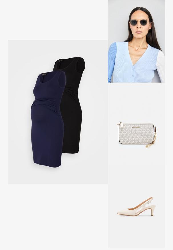 Du šių nėščių moterų suknelių, viena tamsiai mėlyna, kita juoda, pasižyminčių prigludusia forma, apvaliu iškirpimu ir raukšlėmis šonuose, užtikrinančiomis komfortą.; Balti slingback kulniukai su smailiu pirštu, lygia viršutine medžiaga, žemu blokuotu kulnu ir šoniniu išpjovimu su reguliuojamu sagtimi.; Apskriti saulės akiniai su tamsiais objektyvais ir auksiniais rėmeliais. Modelis vilki šviesiai mėlyną, raukinį kardiganą su mygtukais ir kontrastingomis baltomis rankovėmis.; Michael Kors rankinė smėlio spalvos dengto kanvoje su pakartotiniu MK logotipo raštu, auksinėmis detalėmis ir nuimamu grandininiu dirželiu.