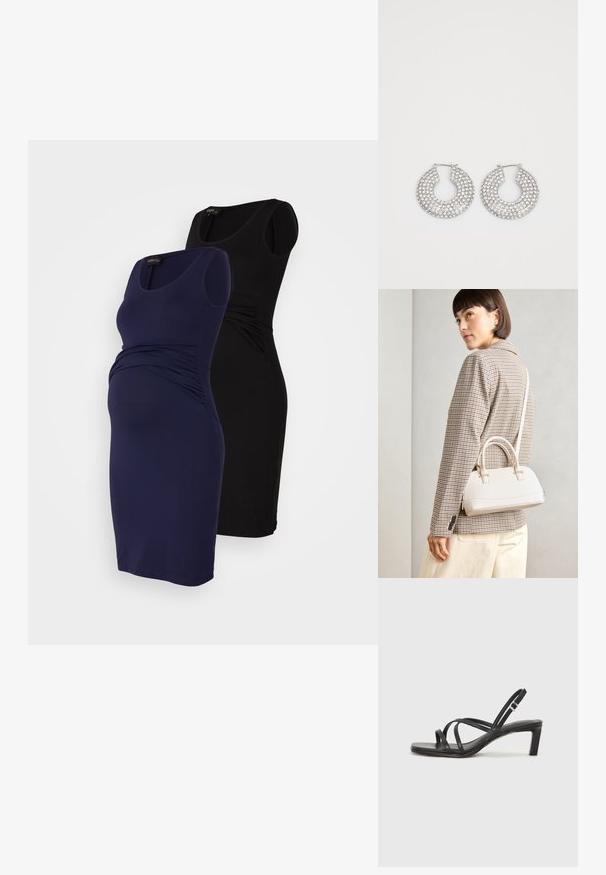 Dvije haljine za trudnice, jedna tamnoplava i jedna crna, s prilagođenim dizajnom, okruglim izrezima i naboranim bočnim detaljima za udobnost.; Crne sandale s trakama, kvadratnim prstom i niskom blok petom. Ima više tankih trakica i podesivu trakicu oko gležnja. Izrađene su od glatke kože.; Bijela strukturna torba s kratkim ručkama i remenom za rame, s zlatnim metalnim detaljima i teksturiranim materijalom, prikazana na sivoj pozadini.; Srebrne kružne naušnice ukrašene brojnim čistim kristalnim detaljima, s teksturiranom površinom i otvorenim kružnim dizajnom.