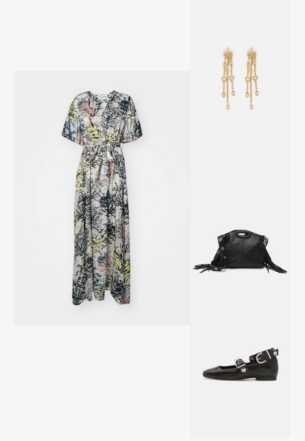 Maxi kleit, millel on metsa muster roheline, sinine ja roosa tooni. V-kaelus, lühikesed varrukad ja vöö, et reguleerida sobivust.; Must musta nahkkinga lamead kontsad, ruudukujulise varbaga, pahkluu rihmaga, mis sisaldab hõbedast taakleid, ning lame tald. Siledat pinda ja minimalistlikku disaini.; Maje MISS MINI - Ülerinna-kott - noir; Kuldne tooni kõrvarõngad mitme voolava ahelaga, millel on selged ovaalsed rhinestone aktsendid ja dekoratiivsed stud-tippud.