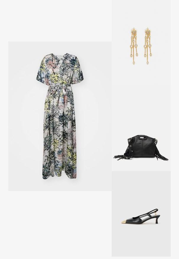 Maxi obleka s motivom gozda v odtenkih zelene, modre in roza. O-vratni izrez, kratke rokave in pas za prilagodljivo prileganje.; Črne usnjene sandače s koničastim nosom in zlatim kovinskim špirom. Imajo izrezljan dizajn in vitko peto z nastavljivim trakom.; Maje MISS MINI - Torba čez telo - noir; Zlato-tonirane uhane z več kaskadnimi verigami, ki vključujejo prozorne ovalne kamenčke in okrasne zgornje dele.