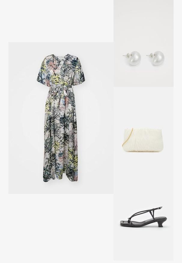 Maxi sukienka z leśnym wzorem w odcieniach zieleni, niebieskiego i różowego. Dekolt w serek, krótkie rękawy oraz pasek w talii do regulacji dopasowania.; Czarne skórzane sandały z cienkimi paskami, niskim blokowym obcasem i kwadratowym noskiem. Posiadają zapięcie na klamrę i gładką teksturę.; Biała torebka kopertowa o teksturowej powierzchni z marszczeniem, z złotym łańcuszkiem. Gładkie wykończenie z delikatnymi falami i zaokrąglonymi krawędziami.; Srebrne kolczyki perłowe w zakrzywionym, fasolowym kształcie. Gładka, błyszcząca powierzchnia, z zamknięciem na stalowy szpikulec i zatyczkę.