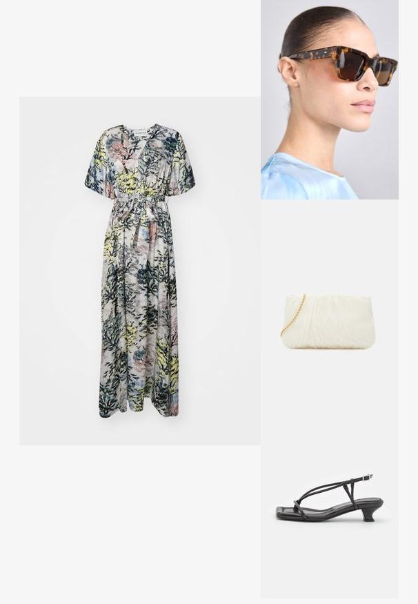 Maxi šaty s lesním vzorem v odstínech zelené, modré a růžové. Výstřih do V, krátké rukávy a zavazování v pase pro nastavitelný střih.; Černé kožené sandály s tenkými pásky, nízkým blokovým podpatkem a čtveratou špičkou. Obsahují přezku a mají hladkou texturu.; Sluneční brýle v želvovinovém stylu s robustním obdélníkovým rámem. Tmavé čočky a zlaté akcenty na stranicích. Hladký, lesklý povrch.; Bílá texturovaná kabelka s uloženým designem, vybavená zlatým řetízkem. Hladký povrch s jemnými vlnami a zaoblenými okraji.; Stříbrné perlové naušnice v zakřiveném tvaru fazole. Hladký, lesklý povrch a zajištěné pomocí kolíčku a zajišťovacího uzávěru.