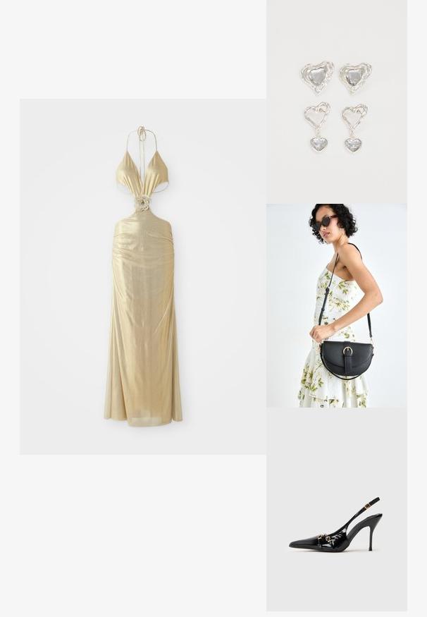 Fémes arany színű nyakpántos ruha mély dekoltázsal, gyűrött textúrával és virágmotívumos csomóval a derékon, amely hosszú szoknyába folyik.; Fekete lakkbőr slingback magas sarkú cipők hegyes orral, vékony sarokkal és aranyszínű díszcsatokkal a pántokon.; Fekete bőrtáska ívelt formával, levehető pánttal és arany színű fémrészekkel. A táskán egy csattal díszített fedél található.; Ez az ezüst szív alakú fülbevaló sima, átlátszó kövekkel rendelkezik, texturált kerettel. A készlet stud és csepp stílust is tartalmaz.