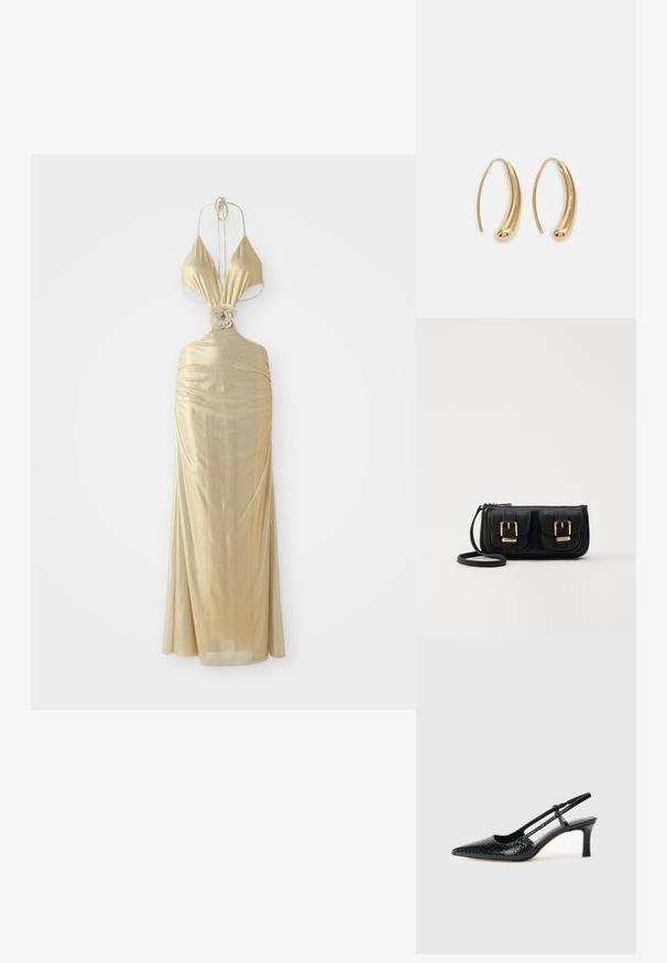 Metallisk gull halterneck-kjole med dyp utringning, samlet tekstur og blomsterknute-detalj i midjen, som flyter ned til en lang skjørtekjole.; Sorte patent slingback hæl med spids tå, featuring tekstureret slangeskind, justerbar rem og en kort, tekstureret blokhæl.; Svart skinn crossbody veske med to frontlommer, gyldne spenner, glidelåslukking og en slank stropp. Teksturert overflate og kompakt rektangulær form.; Gullfargede metalløredobber med en buet, forlenget form. Har en jevn, blank overflate og en avrundet tupp for ekstra detaljer.