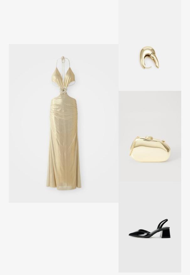 Metalinis auksinis halterio suknelė su gilia iškirpte, susiraukšlėjusia tekstūra ir gėlių mazgo detale juosmens srityje, besiraitančia į ilgą sijoną.; Juodos lakuotos odinės šlepetės su smailiu pirštu ir geometriniu bloko kulnu. Turi elegantišką, minimalistinį dizainą ir lygų paviršių.; Metalinis auksinis rankinukas su glotnia, suapvalinta forma, turintis viršutinį mygtuko užsegimą ir mažą grandinėlės dirželį nešiojimui.; Aukso tono metalinės auskarai su stilingu, kreiviu dizainu. Išsiskiria ryškiu smailiu pavidalu, poliruota paviršiumi ir užsegimu su vyriu.