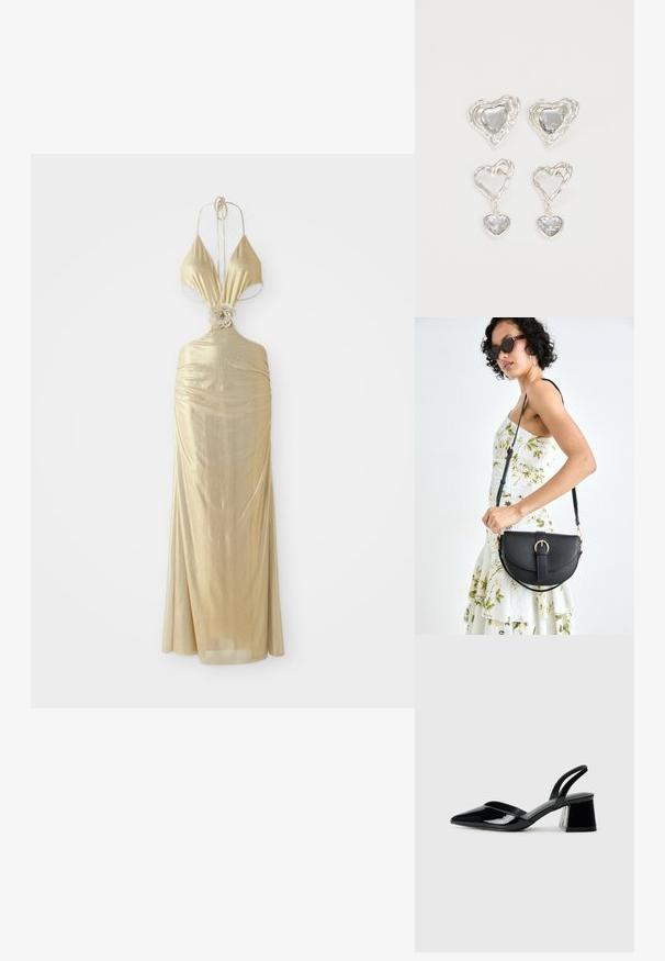 Fémes arany színű nyakpántos ruha mély dekoltázsal, gyűrött textúrával és virágmotívumos csomóval a derékon, amely hosszú szoknyába folyik.; Fekete lakk bőr szandálkés magas sarkú cipő, hegyes orral és geometrikus tömbsarkakkal. Karcsú, minimalista dizájn és sima textúra jellemzi.; Fekete bőrtáska ívelt formával, levehető pánttal és arany színű fémrészekkel. A táskán egy csattal díszített fedél található.; Ez az ezüst szív alakú fülbevaló sima, átlátszó kövekkel rendelkezik, texturált kerettel. A készlet stud és csepp stílust is tartalmaz.