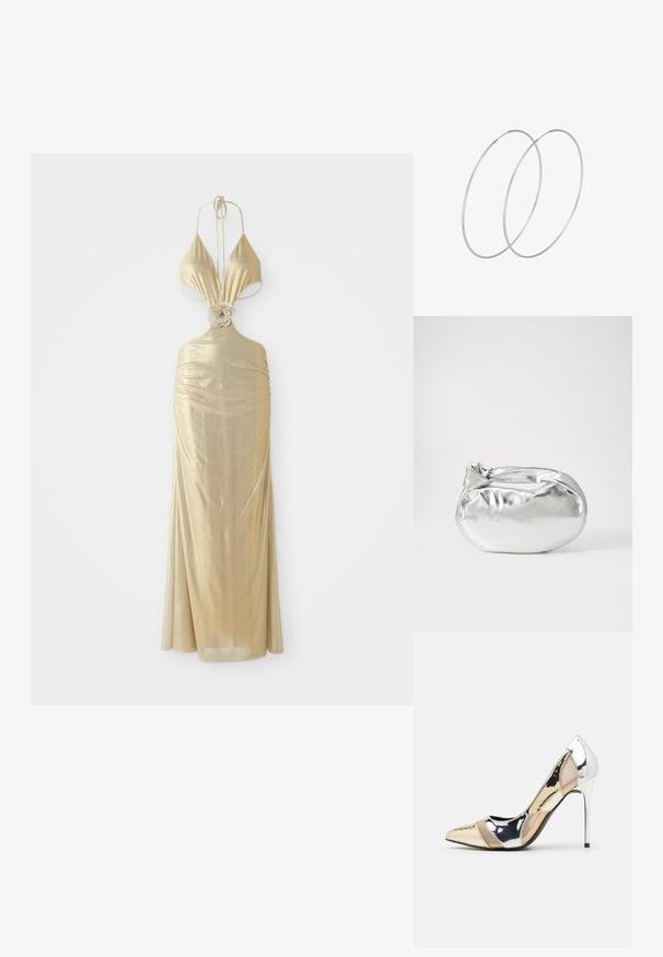 Metalna zlatna haljina s halter izrezom i dubokim dekolteom, skupljena tekstura i detalj cvjetne čvorice u struku, koja se spušta u dugu suknju.; Cipele s visokom potpeticom i špicastim vrhom u srebrnoj, zlatnoj i nude boji. Sjajan finiš s izrezbarenim dizajnom, s potpeticom u obliku stiletto.; Srebrna metalik torbica s mekim, zaobljenim oblikom i čvorastim zatvaranjem na vrhu. Izrađena od glatke sintetičke kože.; Srebrne okrugle naušnice s minimalističkim dizajnom. Kružni oblik, glatka tekstura i tanak profil. Lagane s poliranim završetkom.