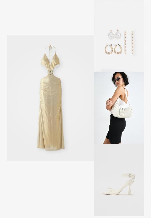 Metalna zlata halter obleka z globokim dekoltejem, nabranim teksturama in cvetlično vozlišče pod pasom, ki se spušča v dolg krilo.; Sandal z visoko peto z naramnicami v beli usnjeni izvedbi s popolnim dizajnom, prozorno blok peto in dekorativnim elementom na prstih.; Bela usnjena torbica s ukrivljeno obliko, nastavljivim trakom in majhnim detajlom s sponko. Model nosi oprijet črno obleko.; Tri para uhani: veliki beli biserni uhani, zlate obroče s prozornimi dragulji in dva dolga, ravna zlate uhan s svetlečimi podrobnostmi.