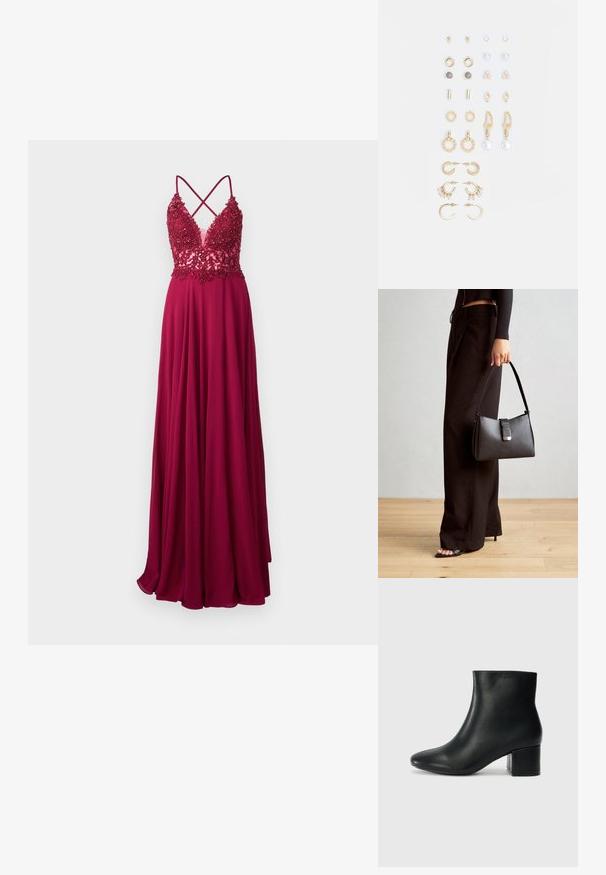 Mascara Alkalmi viselet - berry; Fekete bőr bokacsizma hegyes orral és vastag sarokkal. Sima felület minimális díszítéssel és karcsú, passzos kialakítással.; Fekete kézi táska strukturált formával, sima textúrával és fémből készült záródással. Széles fekete nadrággal és nyitott orrú szandállal párosítva, fából készült padlón.; Arany tónusú fülbevalók szettje, amely különféle mintákat tartalmaz, beleértve a stift fülbevalókat, karikákat és gyöngyökkel és strasszokkal díszített hosszú fülbevalókat.