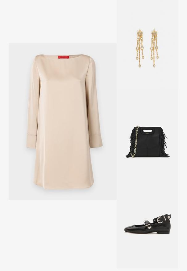 Beige silkimekko, jossa on neliönmuotoinen kaula-aukko, pitkät hihat ja löysä istuvuus. Kauluksessa on punainen brändilogo. Sileä pinta.; Musta patenttinahkainen tasapohjainen kenkä suoralla varvastyöllä, nilkkahihna hopeisilla yksityiskohdilla ja tasainen pohja. Sileä pinta ja minimalistinen muotoilu.; Musta nahkakäekott, millel on frantsiisidetailid, kuldne õlgade rihm ja lõikega käepide. Ees on logo paigutus.; Kultaketjua roikkuvat korvakorut, joissa on useita putoavia ketjuja, ja selkeitä ovaaleja rhinestone-akselteja sekä koristeelliset niittitoppaukset.