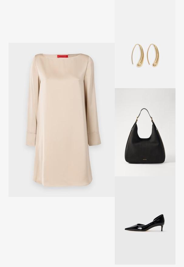 Béžové saténové šaty se čtvercovým výstřihem, dlouhými rukávy a volným střihem. Na krku je červený značkový štítek. Hladká textura.; Černé lakované dámské boty s úzkou špičkou a nízkým podpatkem, zobrazené v profilu na jednobarevném světle šedém pozadí.; MICHAEL Michael Kors NOLITA HOBO  - Kabelka - black; Náušnice ve tvaru kruhu z pozlaceného kovu s vroubkovaným, prodlouženým tvarem. Mají hladký, lesklý povrch a zaoblený konec pro zvýraznění detailu.