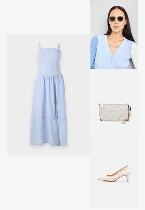 Šviesiai mėlyna maksi suknelė su plonomis petnešėlėmis. Prigludusi liemenė su gėlių tekstūra, laisvas, sluoksniuotas sijonas. Pagaminta iš lengvo audinio.; Balti slingback kulniukai su smailiu pirštu, lygia viršutine medžiaga, žemu blokuotu kulnu ir šoniniu išpjovimu su reguliuojamu sagtimi.; Apskriti saulės akiniai su tamsiais objektyvais ir auksiniais rėmeliais. Modelis vilki šviesiai mėlyną, raukinį kardiganą su mygtukais ir kontrastingomis baltomis rankovėmis.; Michael Kors rankinė smėlio spalvos dengto kanvoje su pakartotiniu MK logotipo raštu, auksinėmis detalėmis ir nuimamu grandininiu dirželiu.