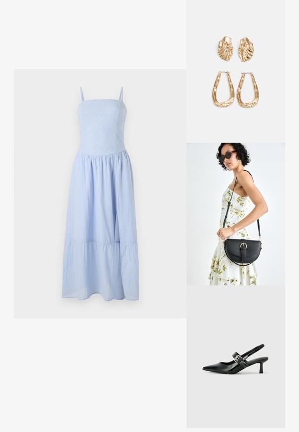 Svijetloplava maxi haljina s tankim trakama. Prilagođeni korpus s cvjetnim uzorkom, lepršava suknja s slojevima. Napravljena od laganog materijala.; Crne lakirane slingback potpetice s oštrim prstom i malom blok petom, s naglaskom na srebrnoj kopči na remenu.; Crna kožna torba s lukovitim oblikom, odvojivim remenom i zlatnim detaljima. Torba ima preklop s kopčom.; Naušnice zlatne boje s teksturiranim, valovitim oblicima. Uključuju skulpturalne kopče i dizajn otvorene kružnice s kovanom završnom obradom.