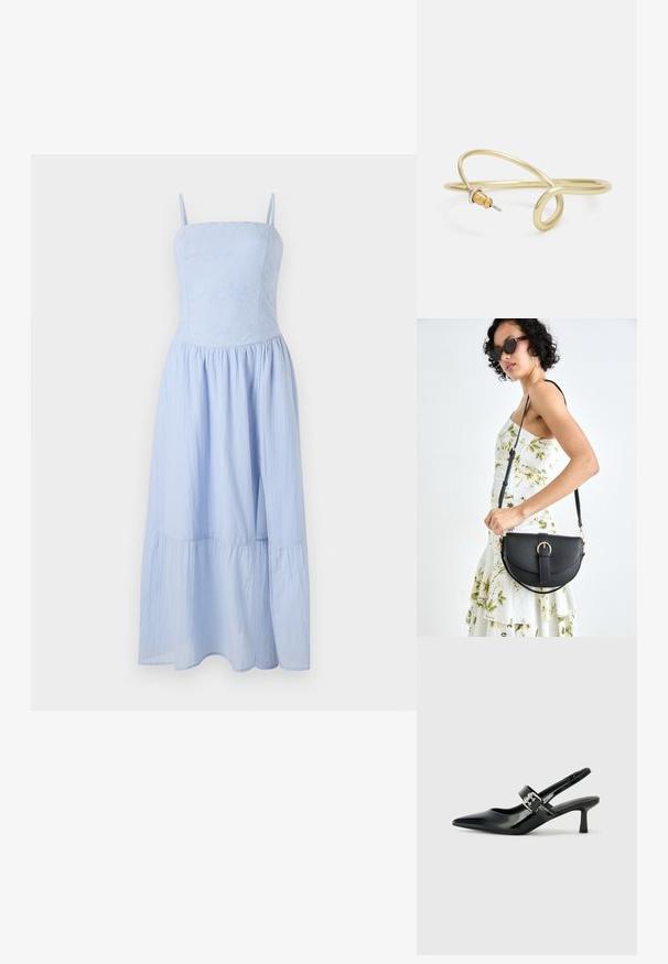 Šviesiai mėlyna maksi suknelė su plonomis petnešėlėmis. Prigludusi liemenė su gėlių tekstūra, laisvas, sluoksniuotas sijonas. Pagaminta iš lengvo audinio.; Juodai lakuoti slingback aukštakulniai su smailiu kojų pirštu ir mažais blokiniais kulniukais, su sidabro sagtimi ant dirželio.; Juodas odinis krepšys su išlenkta forma, nuimamu dirželiu ir auksiniais detalėmis. Krepšys turi kilpą su sagtimi.; Auksinės spalvos metalinė apyrankė su skysčiu, kreipiančiu dizainu. Viename gale yra mažas, išsiskiriantis, sidabrinės spalvos akcentas.