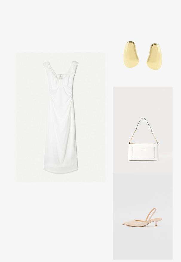 Vit klänning med en åtsittande kropp och flytande kjol. Har rynkad detalj och ett band bak, med rundad halsringning och mjuk textur.; Beiga patenterade läderkilklackar med spetsig tå och en smal, fyrkantig klack. Slät yta och minimalistisk design utan utsmyckningar.; Vit läderhandväska med texturerad yta, med guldkedjeslinga och svarta accenter. Inkluderar en framsida ficka och dragkedjestängning.; Asymmetriska släta glansiga guldstiftörhängen med oregelbundna rundade former på en vit bakgrund.