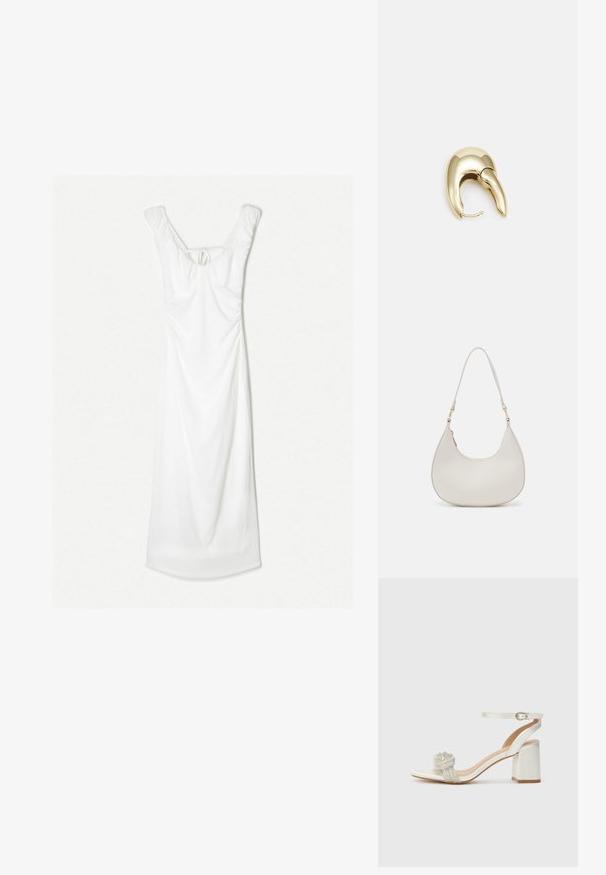 Bijela haljina sa prilagođenim tijelom i lepršavom suknjom. Sadrži naborane detalje i vezanje na leđima, s izrezom oblikom žlice i mekim tekstilom.; Bijele sandale otvorenih prstiju s debelim blok petom, s teksturiranom trakom s gliterom preko stopala i podesivim remenom za gležanj.; Krem torba za rame u obliku polumjeseca, sa tankim remenom i suptilnim detaljem šavova. Minimalistički dizajn s akcentima od zlatnog tona.; Zlatne metalne naušnice s elegantnim, zakrivljenim dizajnom. Imaju karakterističan šiljast oblik, poliranu površinu i zatvaranje na šarku.