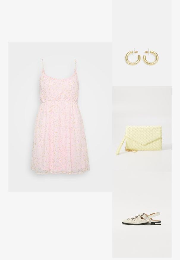 Rožinė gėlėta suknelė su plonomis petnešomis, surinkta juosmens dalimi ir laisvai krentančia sijoną, dekoruota mažomis geltonomis ir rožinėmis gėlėmis visame paviršiuje.; Balno sandalai, pagaminti iš baltos odos, su keliais plačiais diržais ir sidabro spalvos sagtimis; plokščias padas su mažu juodu kulniuku ir metaliniais akcentais.; Geltona audinė piniginė su užsegimu, nuimamą rankinę juostą ir auksinį akcentą. Lygi tekstūra ir stačiakampis forma.; Aukso auskarai su lygiu, blizgiu paviršiumi. Apvalus dizainas su maža užrakto dalimi ir skaidria atrama saugiam nešiojimui.