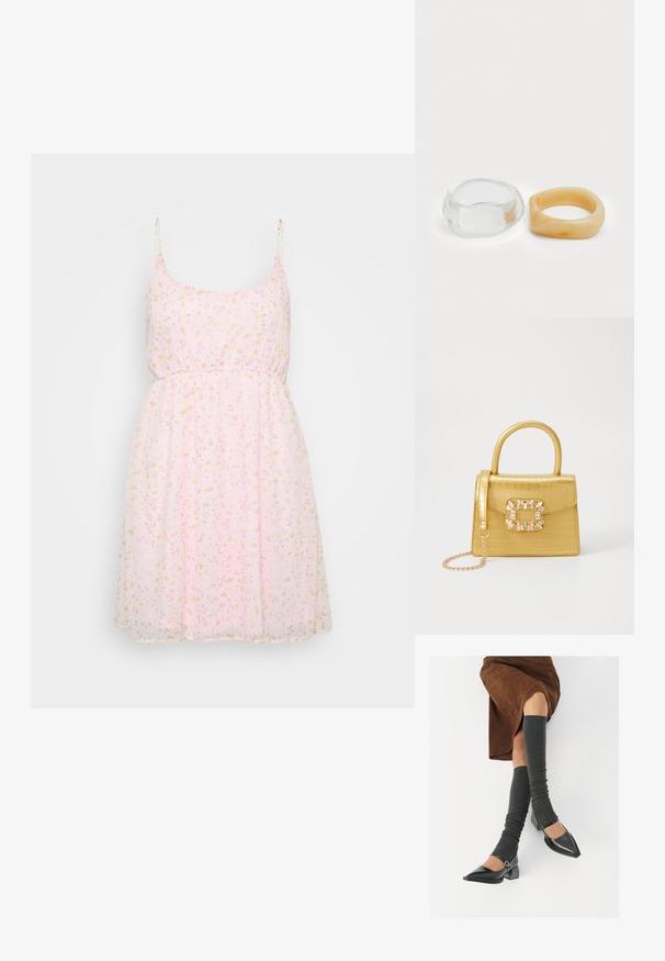 Rosa blomsterkjole med tynne stropper, rynket midje og bølgete skjørt med små gule og rosa blomster mønstre gjennomgående.; Sorte lakkpumps med spiss tå, blokkhel, og ankelstropp, kombinert med grå ribbestrikkede beinvarmere og et brunt semsket skinn skjørt.; Gul faux-krokodille veske med en strukturert design, toppen håndtak, avtagbar kjede stropp, og dekorativ krystallbortsettelse på låsen.; Klare og ravfargede harer, den ene glatt og gjennomsiktig, den andre med en teksturert, ravfarget finish. Begge har avrundede, kraftige design.