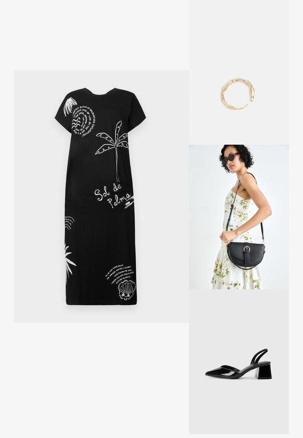 Czarna bawełniana sukienka z krótkimi rękawami, z białymi ilustracjami palm i muszelek oraz dekoracyjnymi tekstami w różnych czcionkach.; Czarne lakierowane półbuty na obcasie z wydłużonym noskiem i geometrycznym słupkiem. Charakteryzują się eleganckim, minimalistycznym designem oraz gładką fakturą.; Czarna skórzana torebka o zakrzywionym kształcie, z odpinanym paskiem i złotymi akcentami. Torebka posiada klapę z zapięciem w kształcie klamry.; Pierścionek w odcieniu złota z organicznym, skręconym wzorem, o gładkiej fakturze i zwężających się końcach, tworzący nowoczesny, rzeźbiarski wygląd.