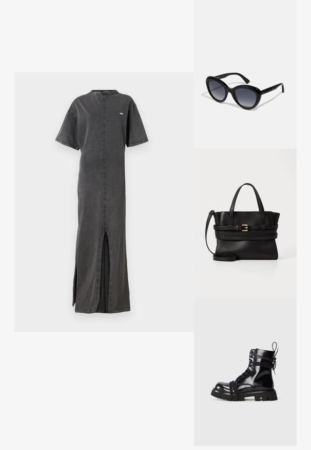 Pilka džinsinė maksi suknelė su aukštu apykaklės kirpimu, trumpomis rankovėmis, šoninėmis plyšėmis ir centrine siūle, su mažu logotipu ant krūtinės.; Juodas lakinės odos batas su storu padu, apvalia nosimi ir ryšio detalėmis. Yra apvyniojamos raišteliai ir kilpa prie kulno.; Juodos saulės akiniai su katės akies forma, gradientiniais lęšiais ir tekstūruotais juodais akcentais ant šventyklų. Lygus plastikinis rėmelis.; Juodas odinis rankinukas su struktūrizuota forma, dviem viršutinėmis rankenomis, nuimamu dirželiu ir auksiniu užsegimu horizontalioje juostoje.