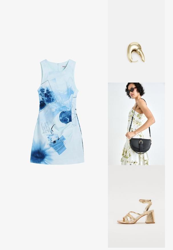 Rochie mini fără mâneci din țesătură albastră deschisă, cu un model grafic cu accente de albastru închis, imagini și elemente de text. Închidere cu fermoar la spate.; Sandale cu toc metalice aurii, având un design cu barete, toc pătrat și curea ajustabilă la gleznă cu cataramă. Textură netedă.; Geantă din piele neagră, cu o formă curbată, curea detașabilă și accesorii aurii. Geanta are un capac cu un detaliu tip cataramă.; Cercei din metal de culoare aurie cu un design elegant și curbat. Prezintă o formă distinctivă, ascuțită, o suprafață lustruită și un sistem de închidere cu balama.