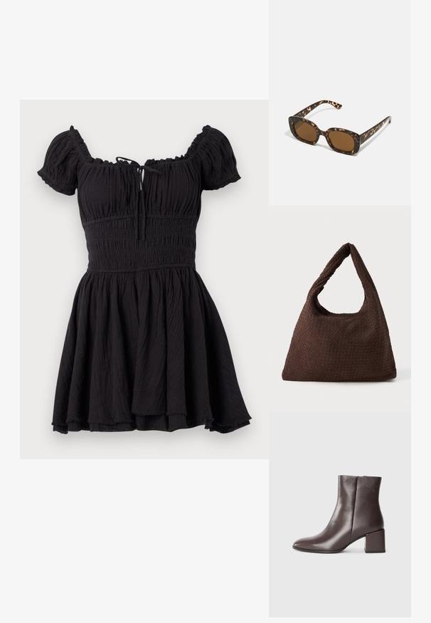 Vestido preto de manga curta com corpete franzido, design de ombros à mostra, saia pregueada e textura subtil. Apresenta um fecho de laço na frente.; Bota de tornozelo em pele castanha com um design elegante, biqueira em ponta e salto quadrado. Textura suave e silhueta minimalista.; Óculos de sol tartaruga com uma armação redonda e robusta e lentes castanhas. Apresenta padrões subtis e hastes direitas e afinadas.; Saco trançado castanho com uma forma relaxada, uma alça em laço única e uma superfície texturizada. O design apresenta um estilo hobo sem hardware adicional.