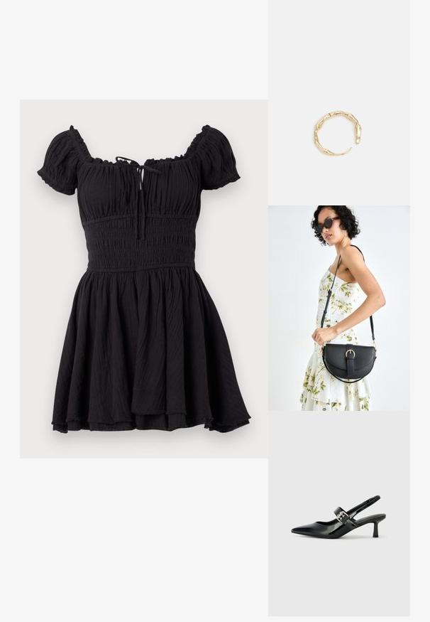 Vestido negro de manga corta con corsé fruncido, diseño de hombros caídos, falda recogida y textura sutil. Presenta un cierre con lazo en la parte delantera.; Zapatos de tacón en charol negro con tira al tobillo, punta afilada y un pequeño tacón bloque, que cuentan con un acento de hebilla plateada en la correa.; Bolso de piel negra con forma curva, correa desmontable y herrajes dorados. El bolso cuenta con una solapa con un detalle de hebilla.; Anillo en tono dorado con un diseño orgánico y retorcido, con una textura suave y extremos cónicos, creando una apariencia moderna y escultórica.