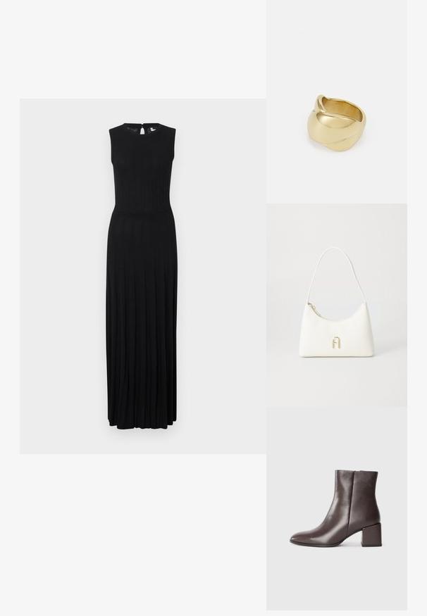 Rochie maxi fără mâneci, de culoare neagră, cu un corset ajustat și fustă evazată, plissată. Prezintă un decolteu rotund și un fermoar la spate.; Botină din piele maro, cu un design elegant, vârf ascuțit și toc pătrat. Textură netedă și siluetă minimală.; Geantă albă cu o formă curbată și textură netedă. Dispune de un accent cu logo de culoare aurie și închidere cu fermoar. Curea de umăr ajustabilă.; Iarba de aur cu un design neted, răsucit. Prezintă o suprafață lustruită și marginile rotunjite, creând o formă fluidă, continuă.