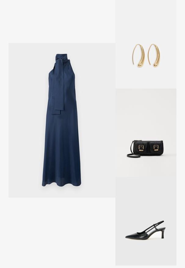 Navy-blaues Satin-Maxikleid mit hohem Kragen, seitlichem Banddetail und glatter Textur. Es verfügt über eine fließende Silhouette und ärmelloses Design.; Schwarze Lack-Slingback-Pumps mit spitzem Zehenbereich, versehen mit strukturiertem Schlangenprint, verstellbarem Riemen und einem kurzen, strukturierten Blockabsatz.; Schwarze Leder-Umhängetasche mit zwei vorderen Taschen, goldenen Schnallen, Reißverschluss und einem schmalen Tragegurt. Texturierte Oberfläche und kompakte rechteckige Form.; Goldfarbene Metall-Hoops mit einer geschwungenen, länglichen Form. Sie verfügen über eine glatte, glänzende Oberfläche und eine abgerundete Spitze für zusätzliche Details.