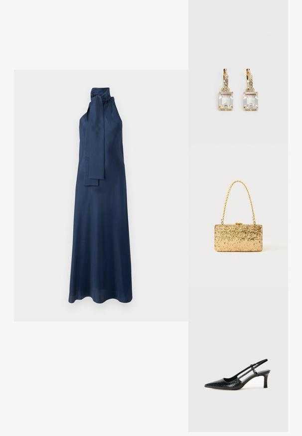 Robe maxi en satin bleu marine avec un col montant, un détail de lien sur le côté et une texture lisse. Présente une silhouette fluide et un design sans manches.; Escarpin slingback en vernis noir avec un bout pointu, présentant un imprimé serpent texturé, une sangle réglable et un petit talon bloc texturé.; Pochette en sequins dorés de forme rectangulaire, dotée d'une poignée en chaîne torsadée et d'une fermeture à fermoir en métal, réfléchissant la lumière avec une finition texturée.; Boucles d'oreilles en or lumineux avec un cristal rectangulaire transparent pendent sous une rangée de petits accents ronds transparents. Design élégant et moderne.