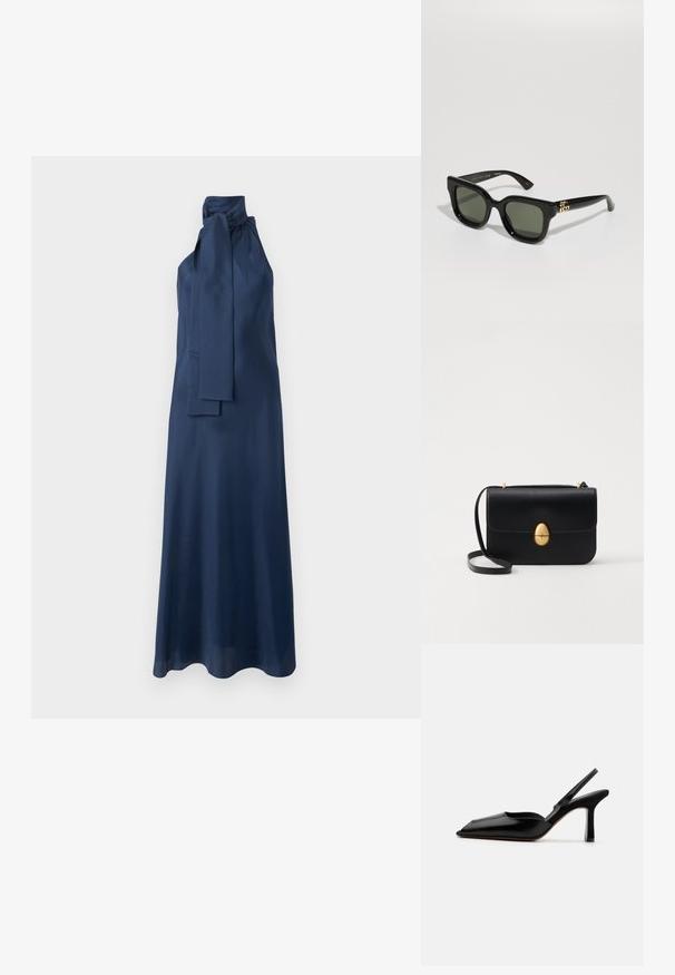 Tamsiai mėlynas atlasinis maksi suknelė su aukštu kaklu, šoniniu raiščiu ir lygia tekstūra. Suknelė pasižymi plazdančia siluetu ir be rankovių dizainu.; Juodas odinis slingback kulnas su smailiu nosiu, minimalizmo stilius, plonas kulkšnies dirželis ir elegantiškas stiletto kulnas. Lygus paviršius.; Juodi stačiakampiai saulės akiniai su tamsiai žaliais objektyvais. turi blizgų plastikinį rėmą ir auksinius akcentus šonuose.; Juodas odinis rankinukas su struktūrine stačiakampio forma. Yra auksinė ovali sagtis ir plona petneša. Glotni tekstūra.