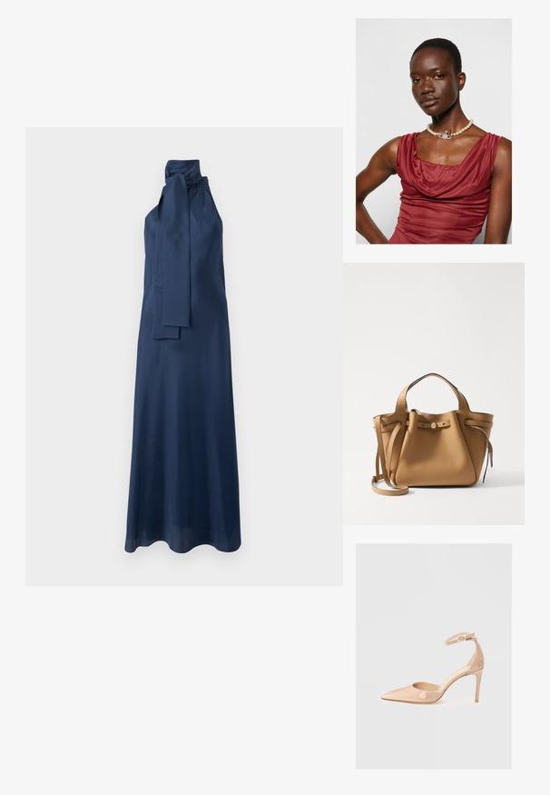 Robe maxi en satin bleu marine avec un col montant, un détail de lien sur le côté et une texture lisse. Présente une silhouette fluide et un design sans manches.; Chaussure à talon aiguille en cuir verni nude, avec une sangle de cheville et un bout pointu, présentant une texture lisse et un design minimaliste.; Tory Burch ROMY PEBBLED SATCHEL - Sac à main - tiramisu; Robe rouge profond à col bénitier, avec une texture lisse. Présente un collier de perles avec un accent en argent décoratif au centre.