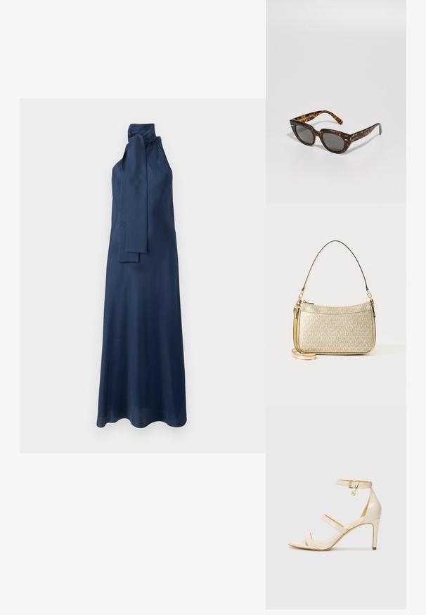 Sötétkék selyem maxi ruha magas nyakkal, oldalt megkötő részlettel és sima textúrával. Jellemzője a lágy vonalvezetés és ujjatlan fazon.; Beige magassarkú szandál vékony bokapánttal és két felső pánttal. Fényes lakk felület és arany hardware részlet a bokapánton.; Tortúra napszemüveg, szögletes kerettel és szürke lencsékkel. Fényes felülettel rendelkezik, és diszkrét logó látható a szárakon.; Arany textúrájú kézitáska sima bőrszíjjal, cipzárral záródik, és diszkrét logós mintázattal van ellátva a felületén.