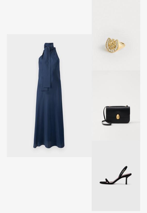 Navy blue satin maxi dress with a high neck, side tie detail, and smooth texture. Features a flowing silhouette and sleeveless design.; Black suede women's high-heeled sandal with slim straps and a gold buckle on a white background, side view.; Black leather handbag with a structured rectangular shape. Features a golden oval clasp and a thin shoulder strap. Smooth texture.; Gold ring with a crown design inside a horseshoe, decorated with small clear gemstones, on a white background.