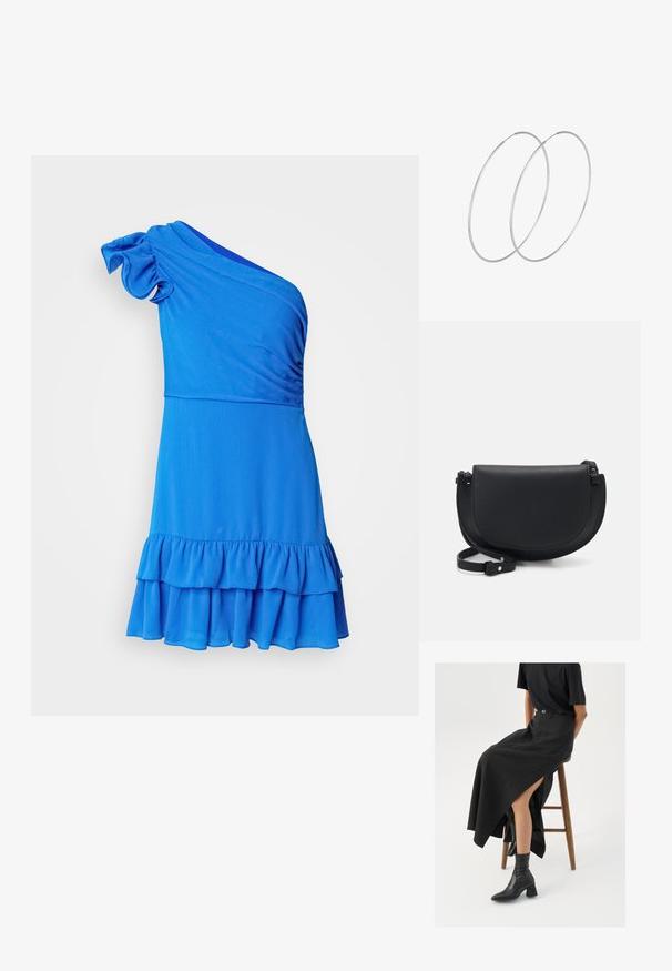 Mėlynas vieno peties suknelė, pagaminta iš minkštos medžiagos, su pritvirtintu kraštu ir tekstūruota apdaila ant liemens.; Juoda lininė maksi sijonas su aukštu plyšiu, vilkimas su juodu marškinėliu ir juodais aulinukais. Minimalistinis dizainas su laisvu siluetu.; Juodas odinis kryžminis krepšys su kreivine forma, magnetine užsegimu, reguliuojama petneša ir iškilmingu logotipo elementu priekyje.; Sidabrinės pusmėnulio auskarai minimalistiniu dizainu. Apskritimo forma, lygus paviršius ir plonas profilis. Lengvi su poliruotu apdailu.