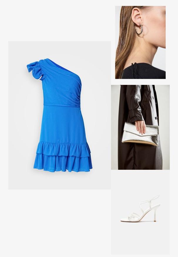 Jednostrani plavi haljina napravljena od mekog materijala, s volanima na porubu i teksturiranim detaljima na korzetu.; Bijele sandale s visokom potpeticom i trakama, ravno oblikovanim prstima, teksturiranim prednjim dijelom s naboranim detaljima i uskom trakicom oko gležnja.; Srebrna metalik torbica s kutijastim dizajnom, glatke teksture i kontrastne boje unutrašnjosti, držana u ruci koja nosi crni kaput.; Srebrna kružna naušnica s poliranim završetkom, koja ima male zlatne detalje i okrugli oblik, nošena na uhu.