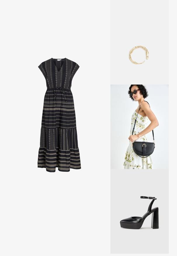 Melns maksi kleita ar īsām kapu piedurknēm, ar teksturētu svītru un motīvu rakstu, ar jostu, kas sapludina vidukli.; Melnas platformas papēžs ar norādītu purngala formu un regulējamu potītes siksniņu. Izgatavotas no gludas ādas, ar masīvu bloku papēdi.; Melnas ādas rokassoma ar izliekta formu, noņemamu siksnu un zelta aksesuāriem. Somai ir vāciņš ar sprādzes detaļu.; Zelta toņa gredzens ar organisku, vērptu dizainu, gludu virsmu un sašaurinātiem galiem, radot mūsdienīgu, skulpturālu izskatu.