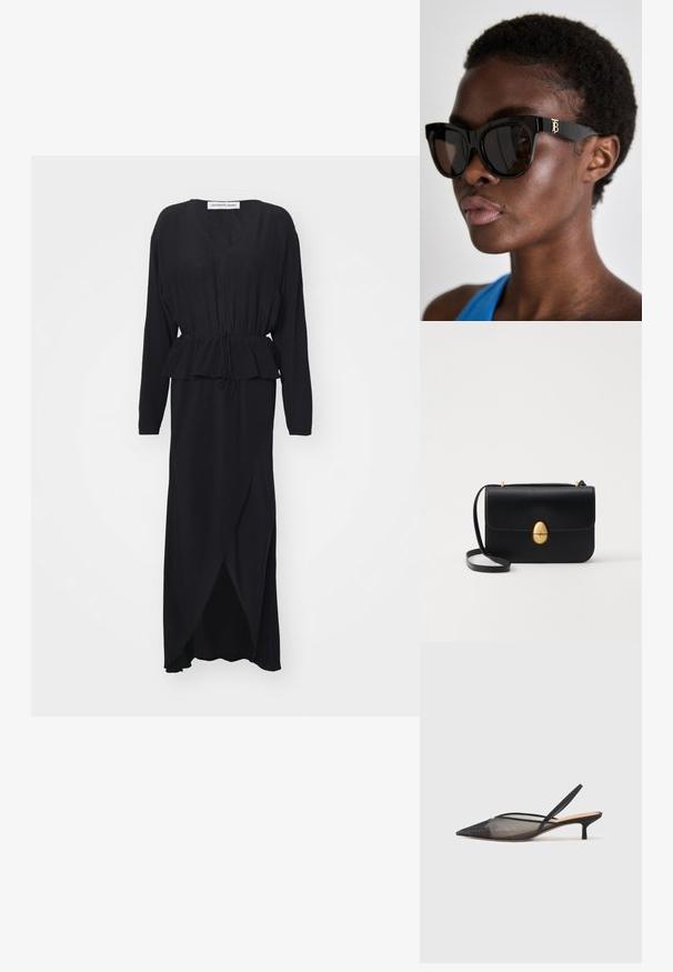 Melna kleita ar garām piedurknēm, V-veida dekoltē, savilkta jostasvieta, pepluma detaļa un asimetrisks apakšmalas dizains, izgatavota no gludas plūstošas auduma.; NEOUS IRENA - Klasiski papēži - black; Melnas saulesbrilles ar biezu, leņķainu rāmi, ar zelta "TB" logotipu sānos un tumši tonētiem objektīviem, uz neitrāla fona.; Melnas ādas rokassomu ar strukturētu taisnstūra formu. Iespējas zelta ovāla slēdzis un plāns plecu siksna. Gluda tekstūra.