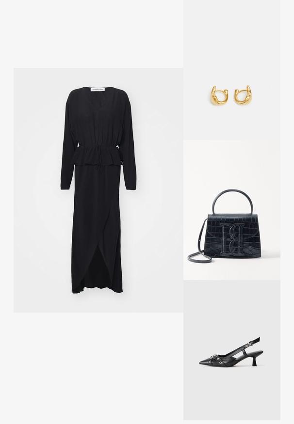 Czarna sukienka z długim rękawem i dekoltem w kształcie litery V, z prz gathered waist, detalem w stylu peplum oraz asymetrycznym dołem, wykonana z gładkiego, płynącego materiału.; Czarne skórzane buty typu slingback z ostrym noskiem, ozdobnymi paskami z metalowymi oczkami oraz niskim klinowym obcasem. Teksturowana powierzchnia.; Czarna torebka z tłoczonej skóry krokodyla o zorganizowanej konstrukcji, z górnym uchwytem, regulowanym paskiem i wyraźnym detalem z logo z przodu.; Złote kolczyki w kształcie hoop charakteryzujące się gładkim, zaokrąglonym wzornictwem z połyskliwym wykończeniem. Kolczyki mają kompaktowy, masywny kształt oraz bezszwowy zamek.