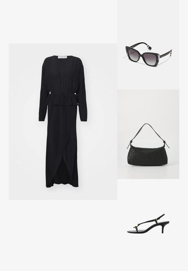 Musta pitkähihaisen mekko V-pääkappaleella, kerätty vyötärö, peplum-yksityiskohta ja epäsymmetrinen helma, valmistettu sileästä valuviasta kankaasta.; Mustat nahkakengät, joissa on kissankorko, ohuet hihnat, kultainen solki ja minimalistinen varvaslenkki valkoisella taustalla.; Aurinkolasit kissansilmän muotoisina mustalla kehykset, harmaat gradienttilinssejä ja raidalliset yksityiskohdat ohjaimissa. Rakenteelliset yksityiskohdat tuovat lisäilmettä.; Mustan kudotun olkalaukun, jossa on sileä nahkahihna ja vetoketjukiinnitys. Mahdollistaa teksturoituneen pinnan ja kaarevan muodon.